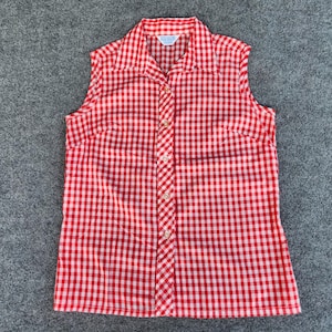 Vintage Sears Red Gingham Sleeveless Button Up Top Blouse Shirt L