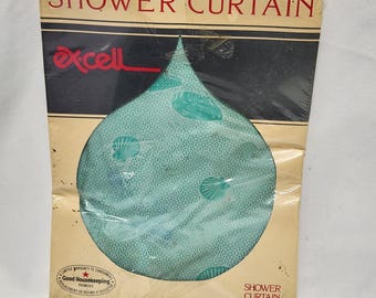 vintage 80's EX-CELL Shower Curtain vinyl Cape Cod Jade seashells green Sealed