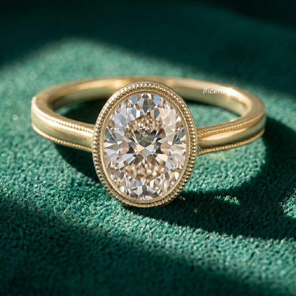 Oval cut Moissanite Engagement Ring, Bevel Set Art Deco Wedding Ring, Vintage Style Yellow Gold, Anniversary Ring, Migrain Proposal Ring