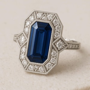 2.50ct Long Blue Emerald Cut Diamond Wedding Ring, Blue Diamond Engagement Ring, 14K Gold Art Deco Ring, Anniversary Gift Ring For Her