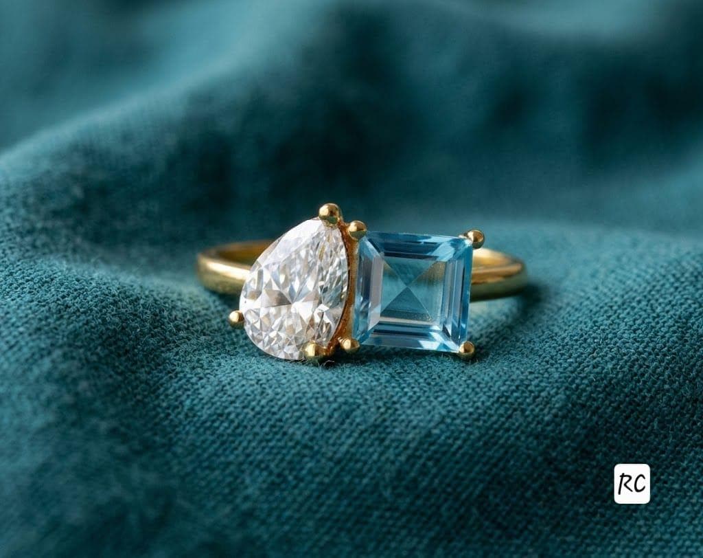 Toi et Moi Ring: Aqua Princess & White Pear Diamond, 14K Gold or…