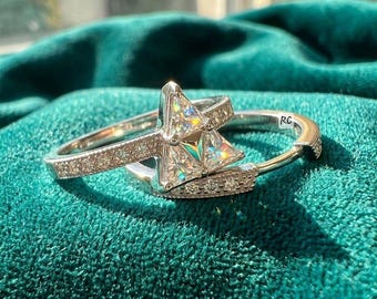 Triangle Cut Moissanite Ring Set, 14K White Gold Geometric Bridal Set