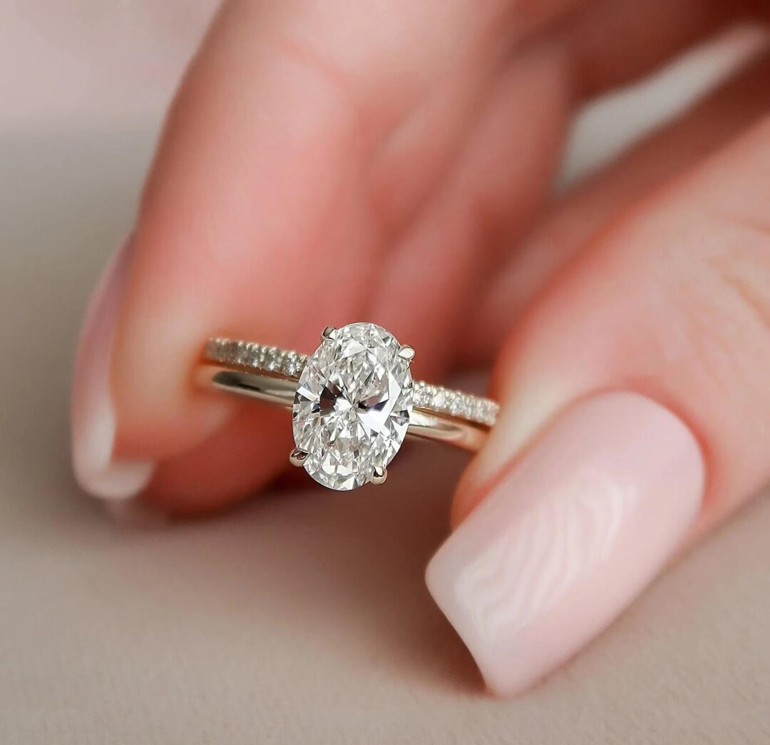2 Ct Oval Moissanite Engagement Ring Set Vintage Art Deco 14k Gold ...