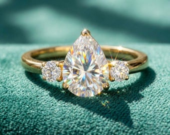 Pear Cut Moissanite Engagement Ring, Yellow Gold Three Stone Diamond Ring