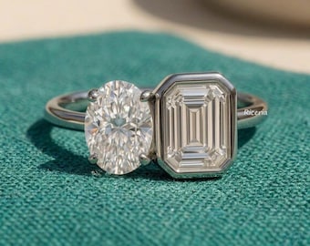 2.5tcw Toi et Moi Engagement Ring Emerald & Oval Cut Moissanite Ring Bezel Set Emerald Cut Two Stone Wedding Ring 14k Gold Promise Ring Gift