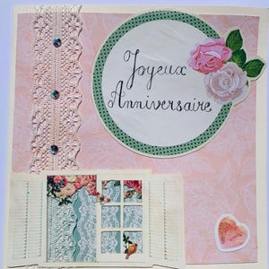 Carte de voeux faite main scrapbooking – rose, vert et ivoire,  carte bohème artisanale, pièce unique, joyeaux anniversaire, vintage, bohème