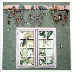 Carte artisanale de vœux faite main – Scrapbooking bohème chic vert ivoire beige – jungle, gouttes d'eau, toute occasion