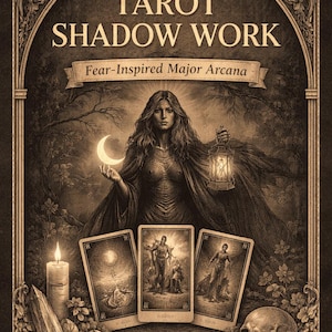 Può includere: Mazzo di carte dei tarocchi intitolato "Tarot Shadow Work" con il testo "Fear-Inspired Major Arcana". L'immagine presenta una donna che tiene una luna crescente e una lanterna, con tre carte dei tarocchi, un teschio e una candela accesa.