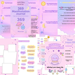 May include: A collection of pastel-colored journals and vision boards with celestial and whimsical designs. The journals feature prompts for manifestation, with the text "369 Manifestation Journal" and "Moonish" branding. Keywords like "Health" and "Magic" are also visible.