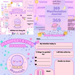 Puede incluir: Un tablero de visión y un diario de manifestación en colores pastel. El tablero de visión presenta texto como "Moonish Vision Board" y "Manifest your dream life". El diario incluye indicaciones para intenciones, gratitud y visualización. El diario tiene el texto "369 Manifestation Journal."