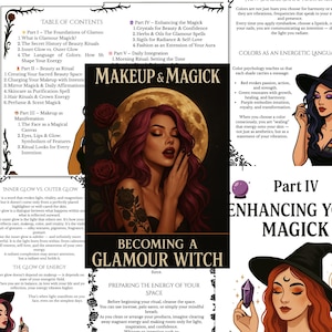 May include: A book cover with the title "MAKEUP & MAGICK" and the text "BECOMING A GLAMOUR WITCH". The cover features a woman with red hair and a full moon background, with roses in the foreground.