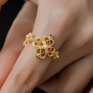 Vintage Perlenring: 18K Vergoldetes Filigranes, verstellbares Band