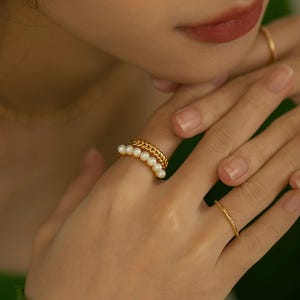 18K Gold Weizenperlen Ring: verstellbarer Boho Ring