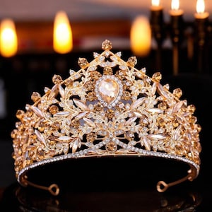 Yellow Gold Crystal Bridal Tiara: Royal Wedding Princess Crown