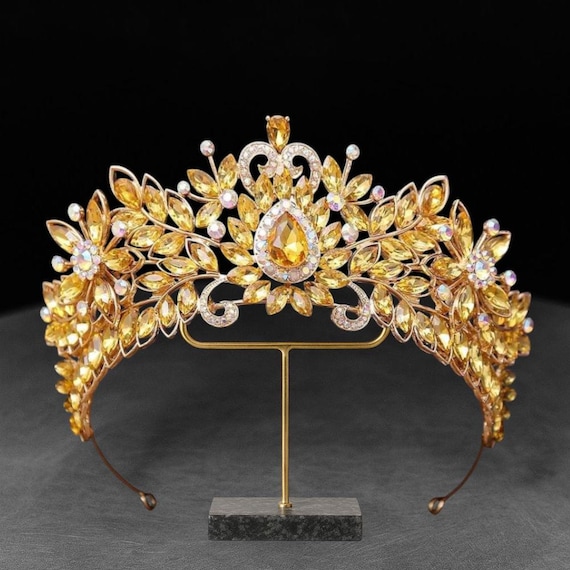 Gold Crystal Teardrop Bridal Tiara - Iridescent Stones Teardrop Stone Accented Crown Tiara – Madeline Love main image 3