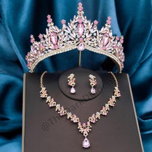 Bridal Tiara Necklace Earrings Set: Handmade Gold Purple Crown