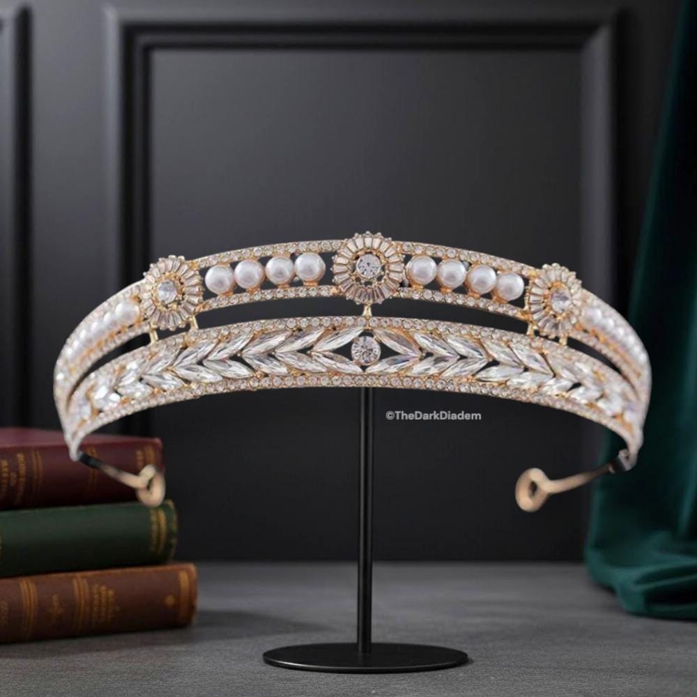 Gold Crystal Pearl Bridal Tiara Crown Rhinestone Pageant Diadem Headband Wedding Gorgeous Full Crown Floral Gold Tiara Diadem Rhinestones  main image 2