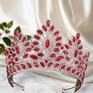 Regal Crystal Queen Tiara / Red Blue Green Pink White Gemstone Crown for Bridal, Pageant & Special Occasions  / Wedding or Costume Tiara