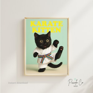 Karatekatposter: grappig zwart katje in Gi - kinderkamerkunst voor vechtsporten (digitale download)