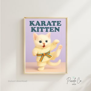Karatekittenprint: grappige witte kat in Gi - kinderkamerdecoratie voor vechtsporten (digitale download)