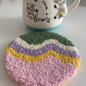 Handmade Colorful Punch Needle Coaster - Pastel Round Mug Rug, Textured Embroidery Decor