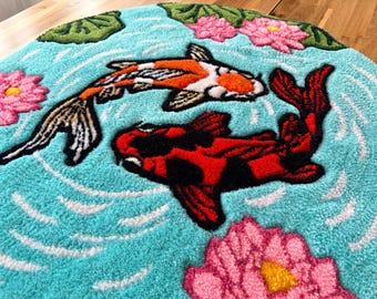 Handmade Wool Koi Fish Rug: Japanese Pond Art Decor
