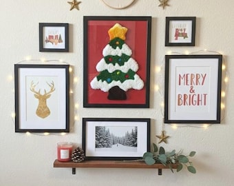 Handmade Tufted Christmas Tree Fiber Art, Holiday Wall Decor