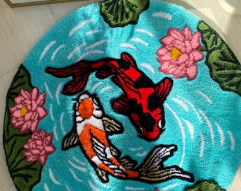 Alfombra de lana hecha a mano con peces koi: decoración artística japonesa para estanques