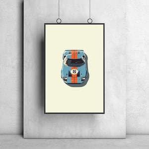 GT40 Gulf Livery Poster, Minimalist Racing Wall Art, Vintage Supercar Print, Matte Finish