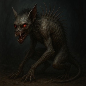 May include: A digital illustration of a dark, monstrous creature with red eyes, sharp teeth, and a spiky spine. The creature is crouched low to the ground, with long, clawed fingers and a tail. The overall color palette is dark and foreboding.