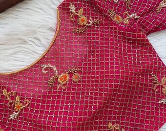 Hand Embroidered Pure Silk Light  Saree Blouse Onion Pink Style Customizable Indian  Blouse