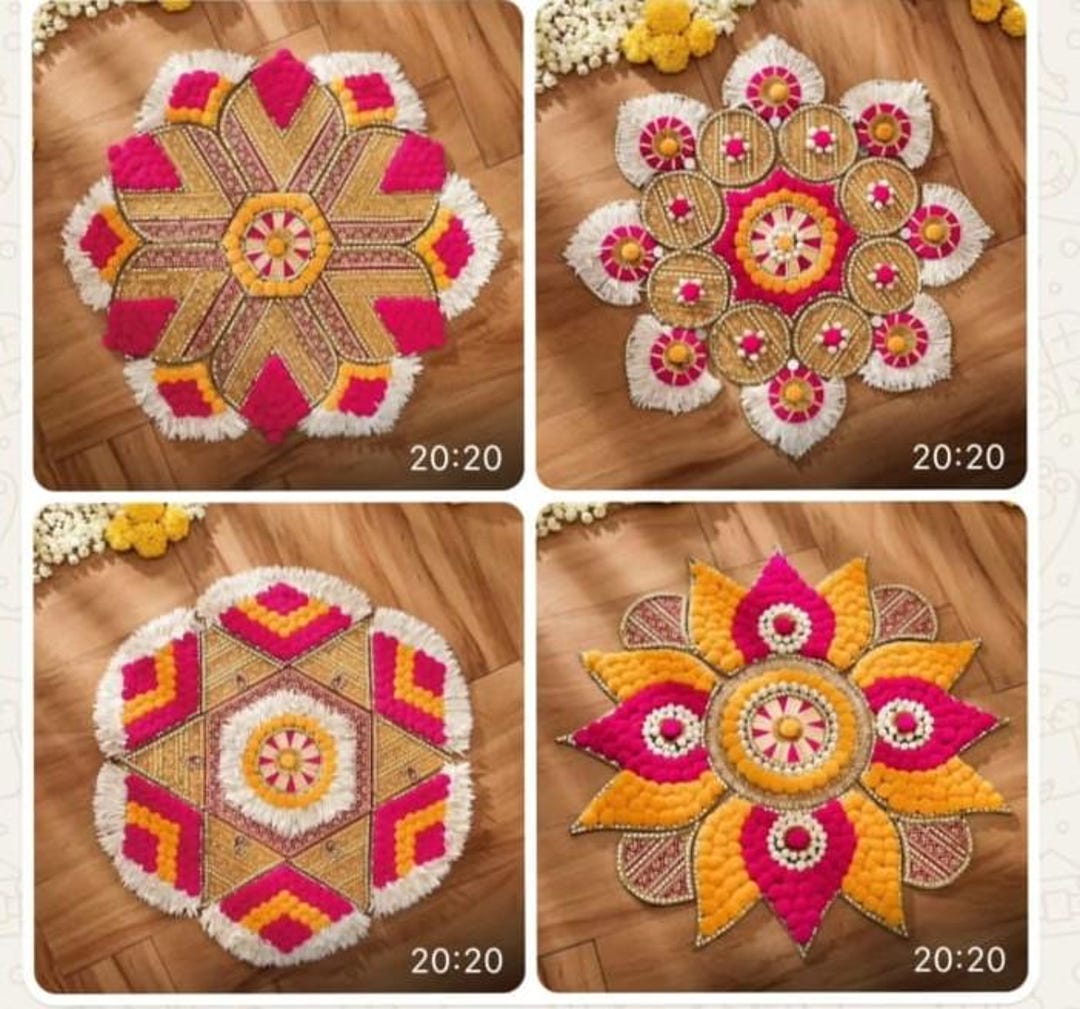 Handmade Pom Pom Rangoli Mat, Gota Patti & Diya Holders, Indian Festive ...