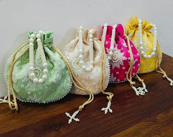 Festive Pearl Potli Bags | Elegant Chikankari Handmade Indian Gift Bags for Weddings