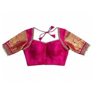 Auf Bestellung Rani Pink Seide, Bluse gold Ärmel, Boot Hals für Saree Lehenga