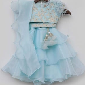 May include: A baby blue, tiered skirt and crop top set with detailed gold embroidery and feather embellishments. The outfit includes a matching sheer scarf. The top has a round neckline and short sleeves. The skirt has multiple layers of ruffles.