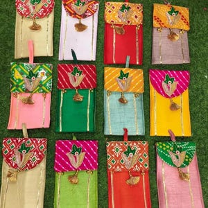 Handmade Bandhani Silk Cash Envelopes - Set of 12 with Gota Patti & Lotus Design for Weddings