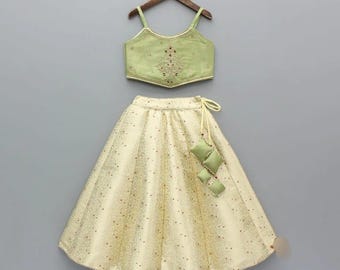 Green Embroidered Lehenga Choli Set for girls | Cotton Crop Top & Skirt Set