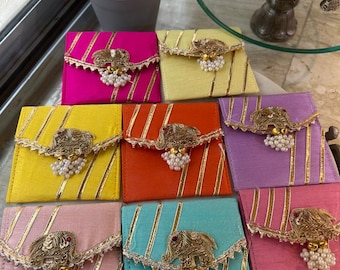 Handmade Silk Potli Clutch | Elephant Motif, Pearl Tassels, Zari Detail