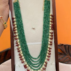 Long Ruby Red Multi-Layered Mala Necklace | Sabyasachi Inspired Bridal Jewelry with Pearl & Emerald Accents