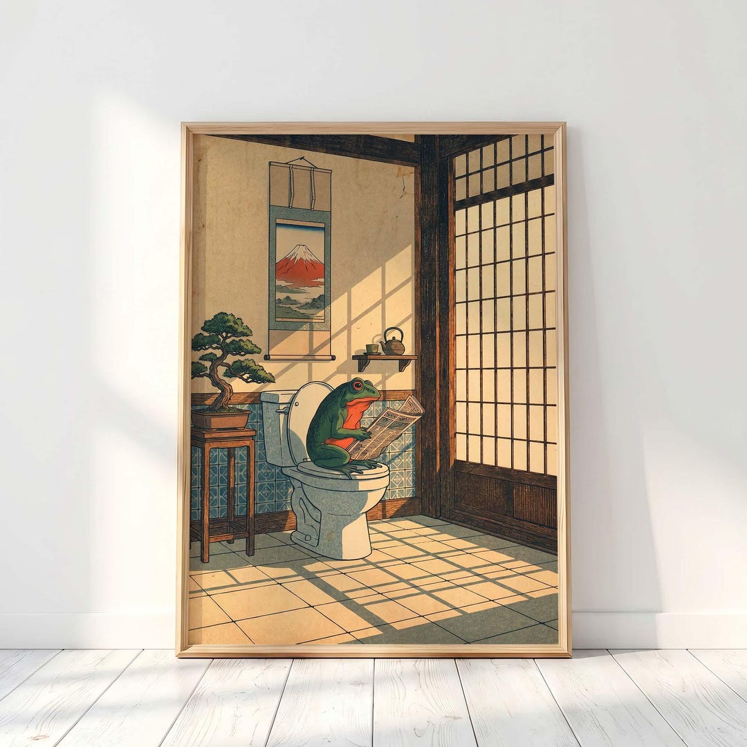 Funny Frog Bathroom Wall Art, Cute Japanese Frog on Toilet Poster ...