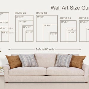 May include: Wall Art Size Guide graphic with various rectangular art print sizes, including A1-A4 and ratios 2:3, 4:5, 3:4, and 1:1. The sofa is 84 inches wide. The image includes a sofa with pillows.