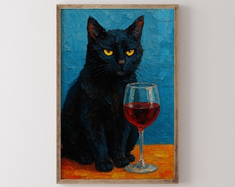 Affiche vintage de chat noir avec du vin, impression rétro fantaisiste, cadeau pour amoureux des chats, impression de décoration murale amusante pour chariot de bar, art mural de cuisine original