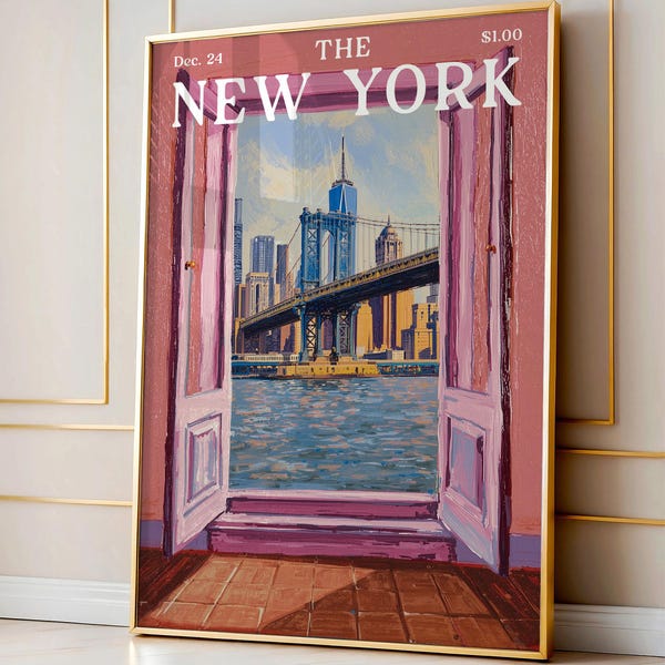 Open Window New York Cityscape Print, Whimsical Xmas NYC Art, Trendy Horizontal Print Travel Decor Skyline Art, NYC Wall Art Xmas Home Decor