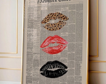 Retro Black Red Leopard Kiss Lips Newspaper Poster, Vintage Newspaper Print, Funky Girly Wall Decor, Preppy Aesthetic Wall Art