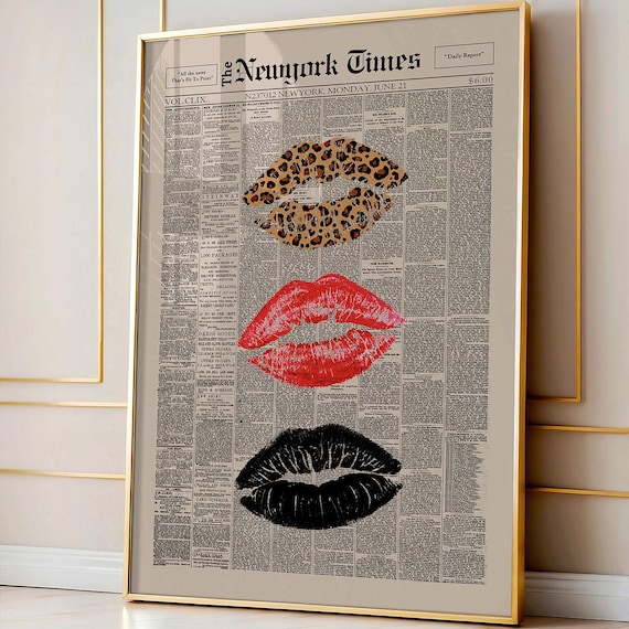 Retro Black Red Leopard Kiss Lips Newspaper Poster, Vintage Newspaper Print, Funky Girly Wall Decor, Preppy Aesthetic Wall Art