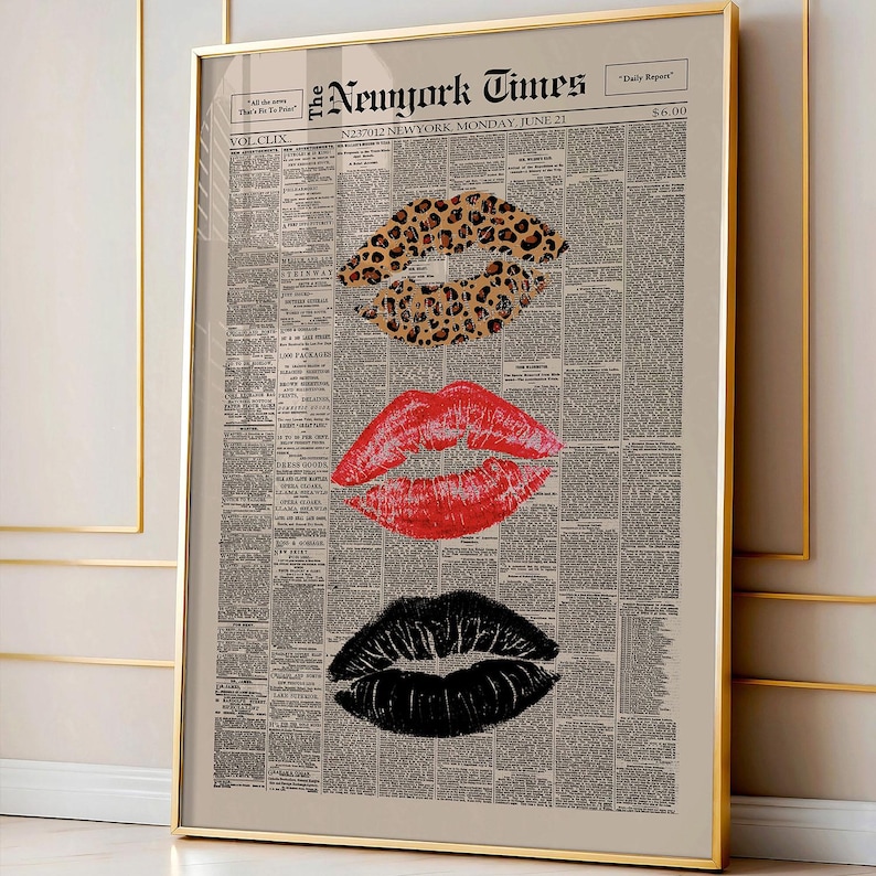 May include: Framed print featuring three sets of lips in different styles. The top set is leopard print, the middle is red, and the bottom is black. The background is a vintage newspaper print with the headline "The New York Times."
