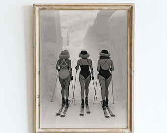 Vintage Ski Girls Wall Art, Black and White Winter Poster, Retro Ski Print, Minimalist Snow Decor