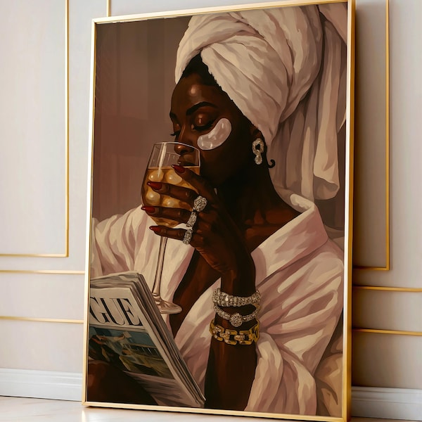 Stylish Black Woman Bathroom Wall Art Home Decor Artwork Pink Towel Golden Shades Wine Glass Modern Fashionable Glamour Chic Illustration