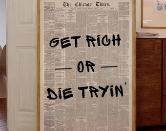Impresión de periódico retro "Hazte rico o muere en el intento", póster tipográfico, arte mural moderno, póster motivacional, impresión digital, impresión de póster retro