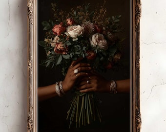 Vintage Black Woman Print, Afrocentric Couple Art, Dark Moody Victorian Gothic Art Print, 19th Century Decor, Floral Portrait Prints